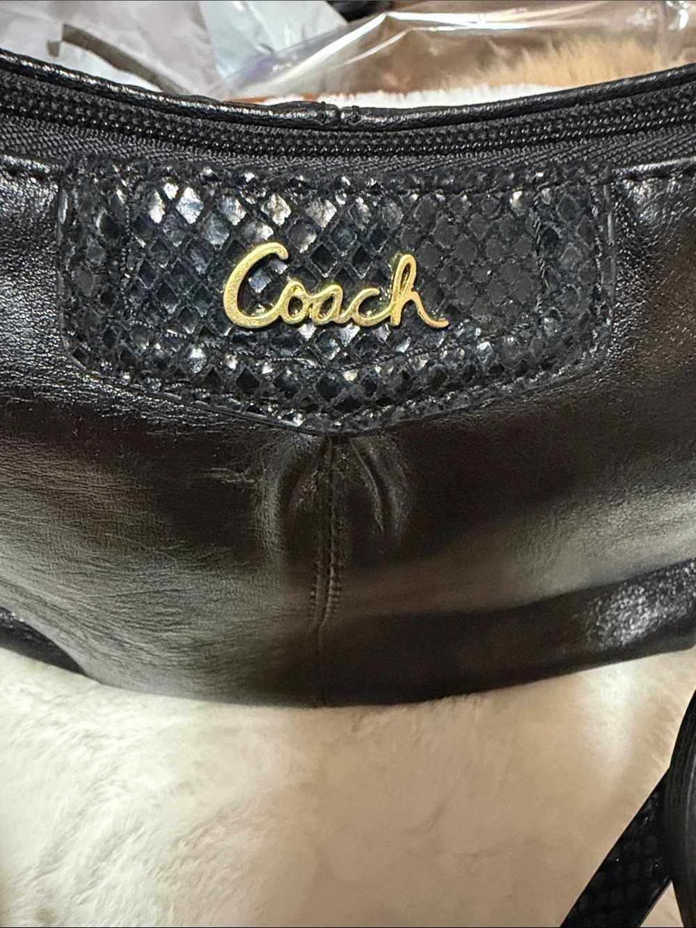 Coach Ashley Black Black Leather Crossbody Shoulder Bag Purse Zip Snakeskin